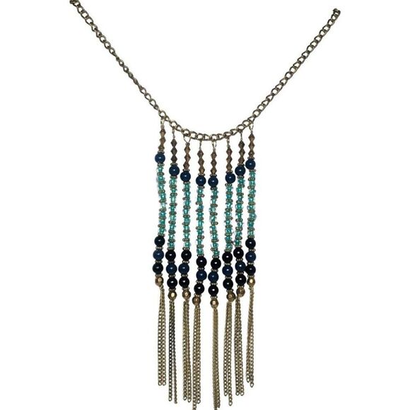 Navy And Light Blue Glass Beaded Dangle Fringe Gold Tone Vintage Necklace 23” - Picture 6 of 11